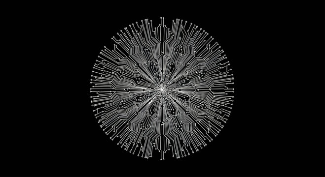 Intricate radial circuit board pattern on black background