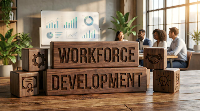 Wooden blocks with workforce development, handshake, and icons in training office