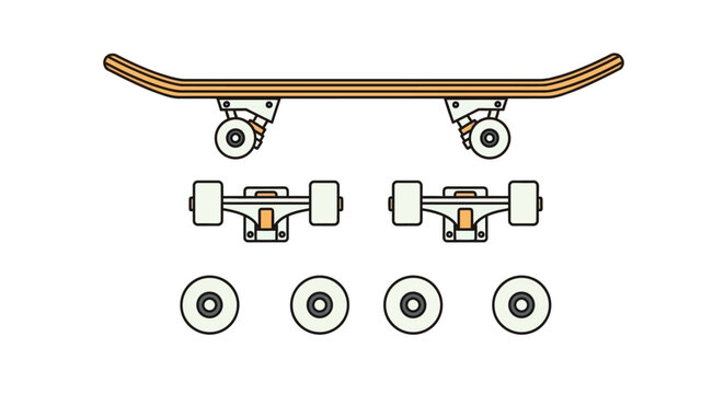 A detailed illustration of a skateboard with its wheels and trucks disassembled, showcasing each component on a clean surface.