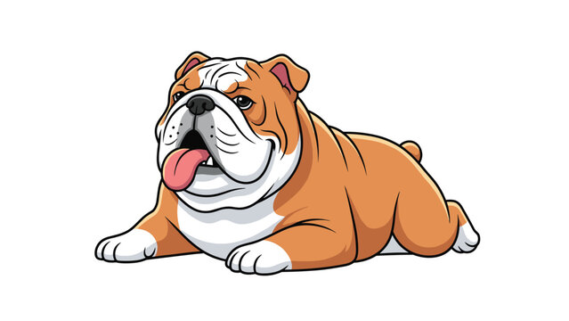 Adorable cartoon bulldog with a friendly expression and tongue out, casually lying down, portraying a charming and happy pet.