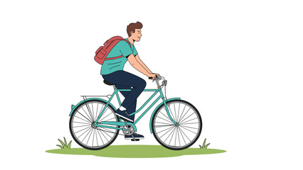 Fototapeta premium Cheerful young man with a red backpack enjoying a ride on his bicycle across a green grassy landscape on a beautiful day.