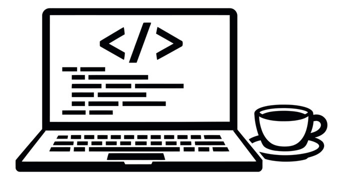 Line art illustration of a laptop and coffee cup depicting programming for technology and remote work