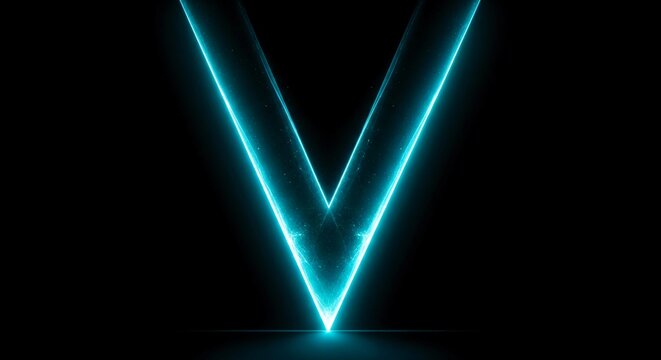 A bright blue neon light forms a V shape against a dark background