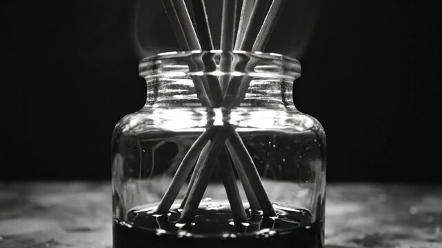 Black and white close up of a reed diffuser with its aroma creating a smoke effect for a calming ambiance
