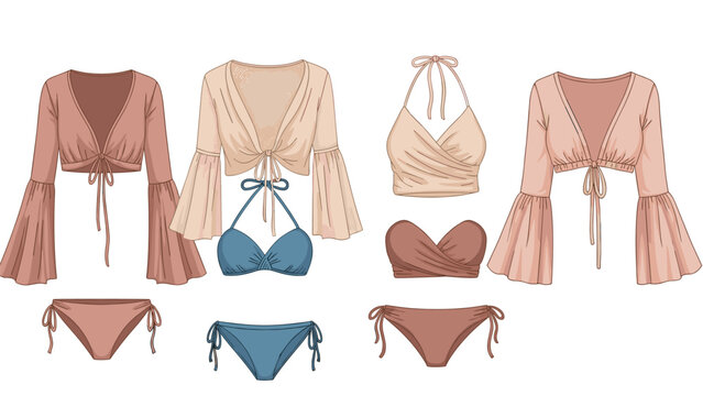 Flat lay of diverse two-piece bikini sets and long-sleeve cover-ups, illustrating summer fashion, beachwear, and vacation apparel.