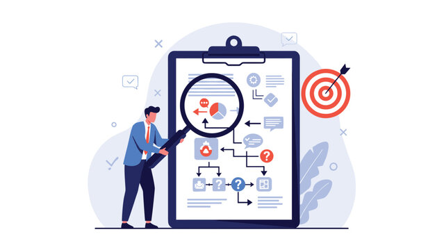 Man with a magnifying glass examining a complex flowchart on a clipboard, symbolizing business analysis, strategy, and problem-solving.