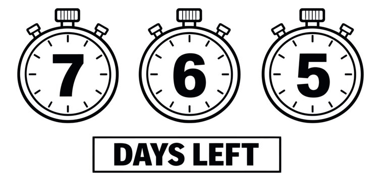 Line art countdown timer set featuring stopwatches with '7', '6', '5' days left for deadlines and promotions