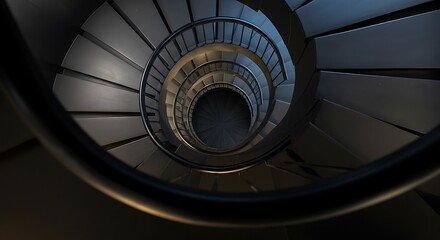 Fototapeta premium Spiral Staircase Design in a Modern Building Offering a View From the Top Down to the Bottom of the Steps