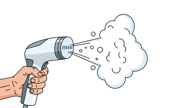 Hand holding a clothes steamer producing steam, symbolizing garment care, wrinkle removal, household chores, and efficiency.