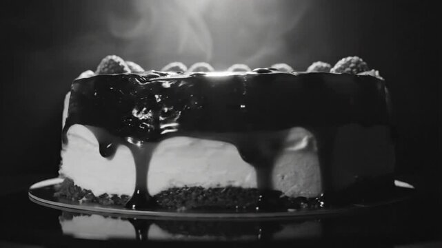 Black and white close up of a delicious two sided layered cake with flowing glaze on a reflective surface