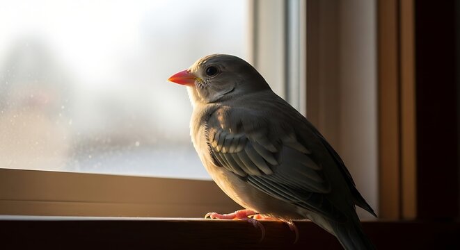 Gray and white zebra finch perched on wooden windowsill in soft natural light