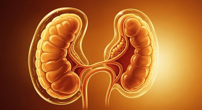 3D medical illustration of human kidney anatomy.