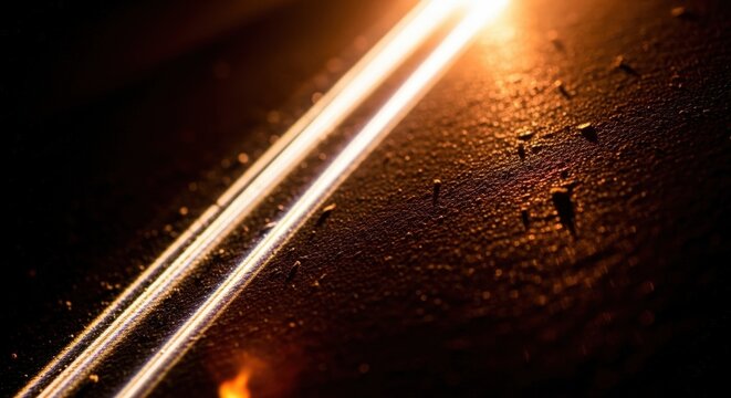 Intense golden light beam cutting across a dark, textured industrial surface with illuminated particles.