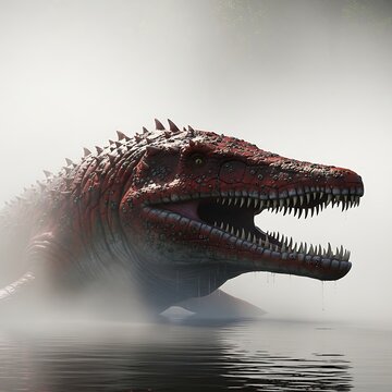 A Massive Prehistoric Sea Monster Emerging From The Foggy Ocean.