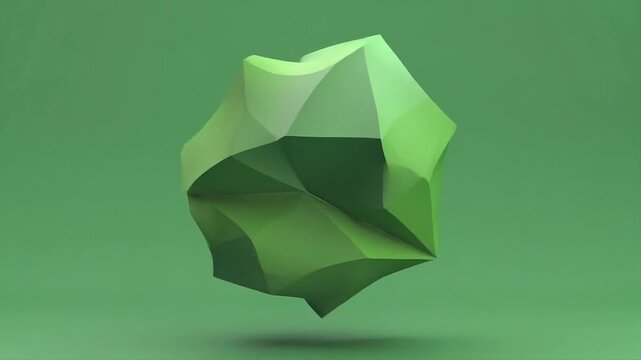A 3D green geometric shape floats in a green environment with abstract polygons.