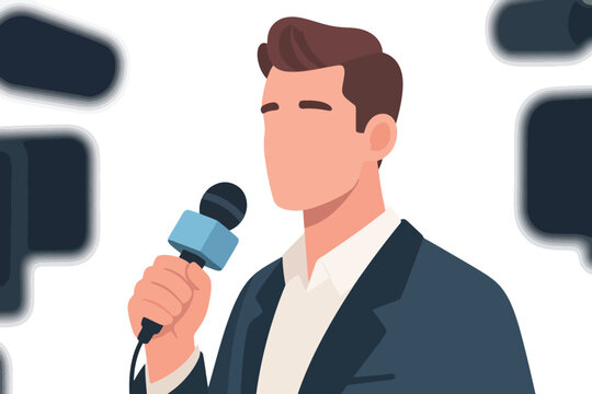 Reporter in dark suit with microphone and blue square label, blurred cameras in background, stylized vector illustration.