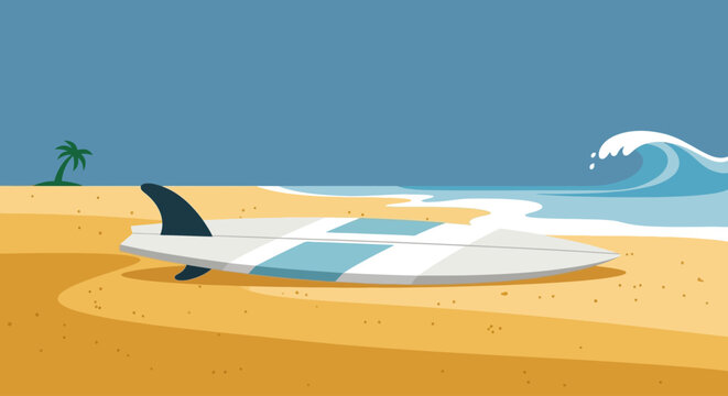 A surfboard lies on a sandy beach with a palm tree in the background and a large ocean wave approaching, evoking a sense of summer vacation and outdoor adventure.