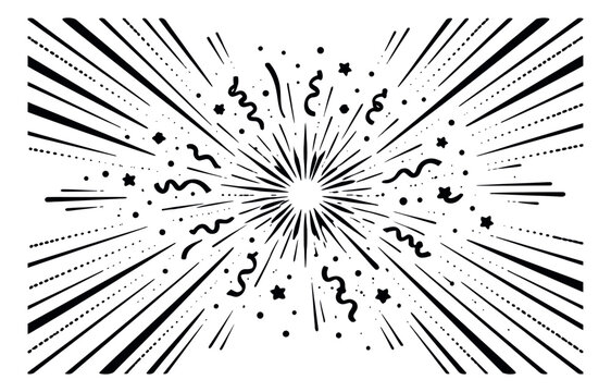 Hand drawn illustration of a celebration burst depicting dynamic confetti and streamers for a party announcement
