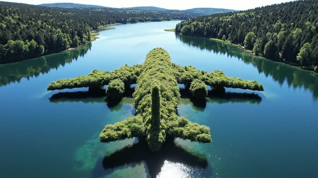Green airplane-shaped island floating in a clear blue forest lake