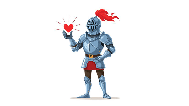 Brave knight in full shining armor holding a glowing red heart in his hand to represent chivalry and romantic love.