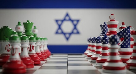 Naklejka premium A chessboard with Iranian and American pieces facing each other in front of the Israeli flag