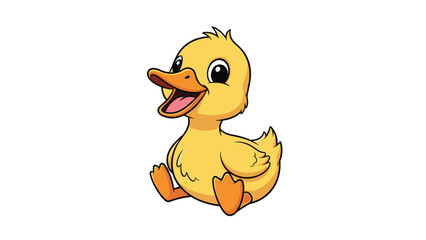 Fototapeta premium Adorable small yellow duckling character sitting down and looking happy with a wide open beak on white background.