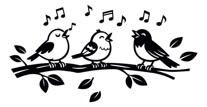 Hand drawn line art bird illustration set featuring three singing birds on a branch with musical notes for music and nature themes