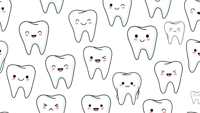 Seamless pattern of friendly cartoon teeth with various happy facial expressions on a clean white background for dental health.