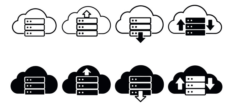 Modern minimalist cloud server icon set featuring data storage, upload, and download operations for computing and digital services