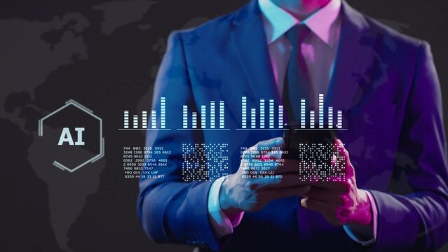 Artificial intelligence AI finance stock market data analysis machine learning. Business big data analytics, digital transformation technology, smart computer system, and futuristic network innovation