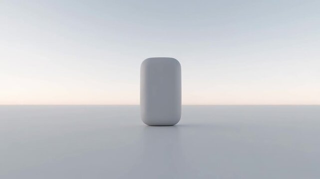 A sleek gray object stands alone on a flat surface in a minimalist setting.