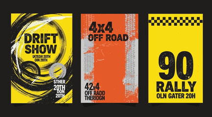 Set of three racing and automotive event posters with grunge texture, drift show, 4x4 off road, and rally competition © S.Siam