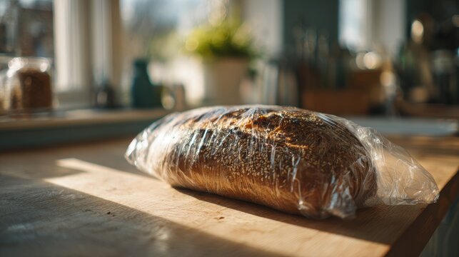 Crusty bread inside a plastic bag on a cozy home kitchen counter with soft shadows and warm tones
