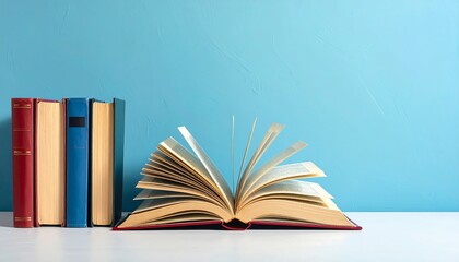 Fototapeta premium A white table with an open book and three closed books against a blue wall