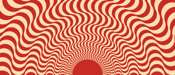Retro red and beige background with a vintage circus sunbeam. Psychedelic colorful swirl poster, abstract pattern in the style of 70s carnival. Hypnotic sunbeam vector illustration. Optical wave  © Olga Shulgina