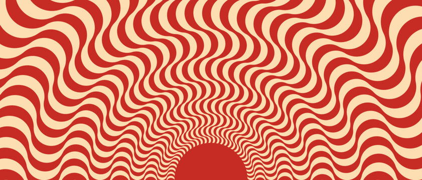 Retro red and beige background with a vintage circus sunbeam. Psychedelic colorful swirl poster, abstract pattern in the style of 70s carnival. Hypnotic sunbeam vector illustration. Optical wave 