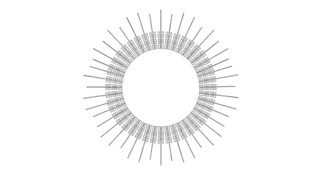 Circular pattern of radiating lines with geometric shapes