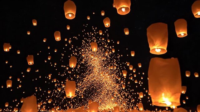 Hundreds of glowing paper sky lanterns floating in the dark night sky during a traditional festival celebration with warm orange light and sparks in the background.