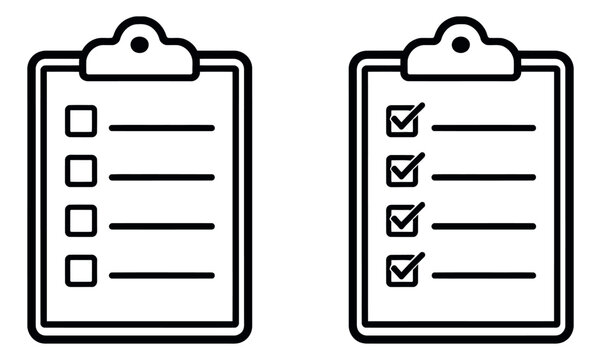 Line art clipboard checklist icon set featuring empty and checked checkboxes for task management