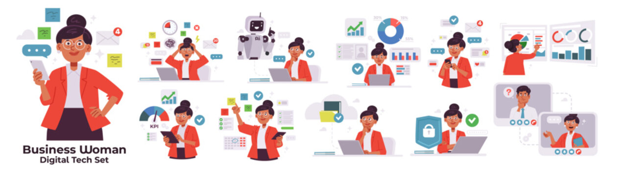 Business woman digital and technology set vector illustration collection