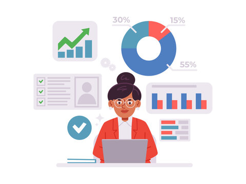 Businesswoman analyzing data on a laptop. Data analytics, KPI dashboard, statistics flat vector illustration.