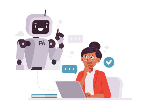 Businesswoman using AI assistant on laptop - Artificial Intelligence, Chatbot, Digital Technology Flat Vector Illustration