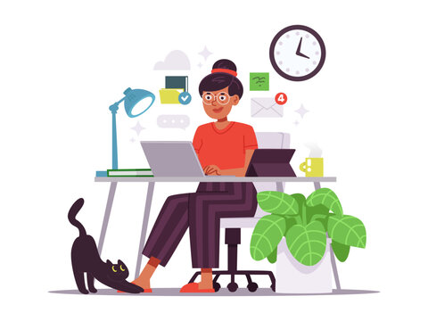 Woman working at her home office desk with a laptop. Remote work, Freelancing, Flat vector illustration of a home workspace.