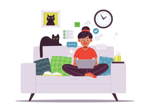 Woman working from home on a laptop. Remote work, home office, freelance lifestyle. Flat vector illustration