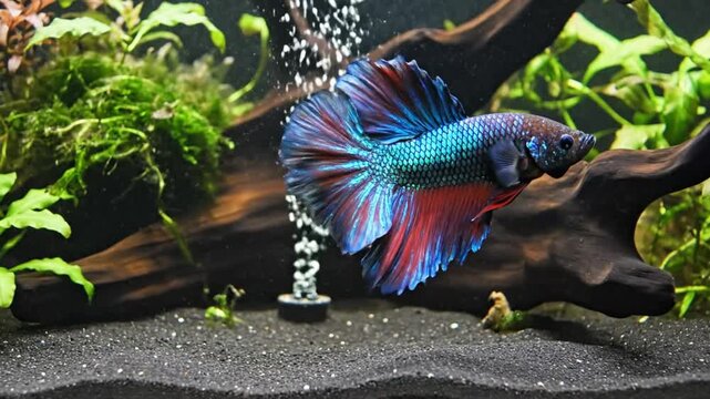 Spectacular colorful betta fish in aquatic aquarium environment with green plants and dark substrate