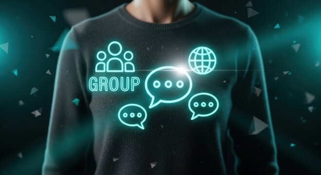 Business teamwork concept with glowing digital chat bubbles and group text on futuristic neon hoodie