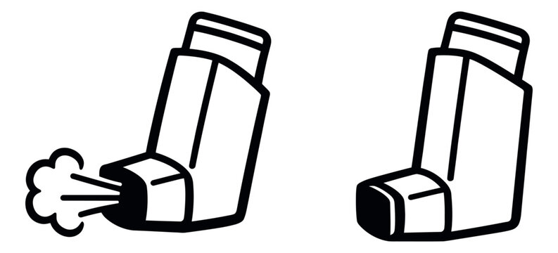Line art asthma inhaler set featuring an inhaler spraying medicine and another at rest for medical and healthcare design