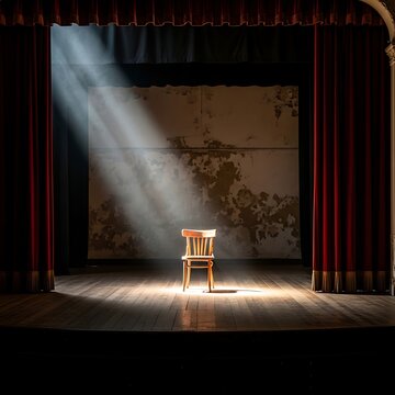 A single wooden chair standing on a theater stage under a dramatic spotlight.
