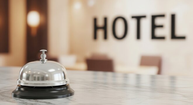 Hotel reception bell on marble counter with blurred background featuring the word HOTEL and seating area, creating a welcoming atmosphere for guests