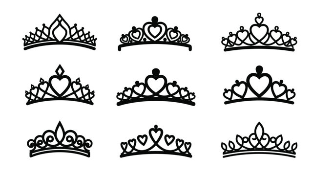 Comprehensive set of elegant black silhouette tiaras and crowns with heart and teardrop designs for princess or royal themes.